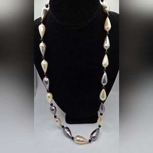 Large Faux Pearl Necklace 18" Teardrop Shape with Black & Gold Spacer Beads